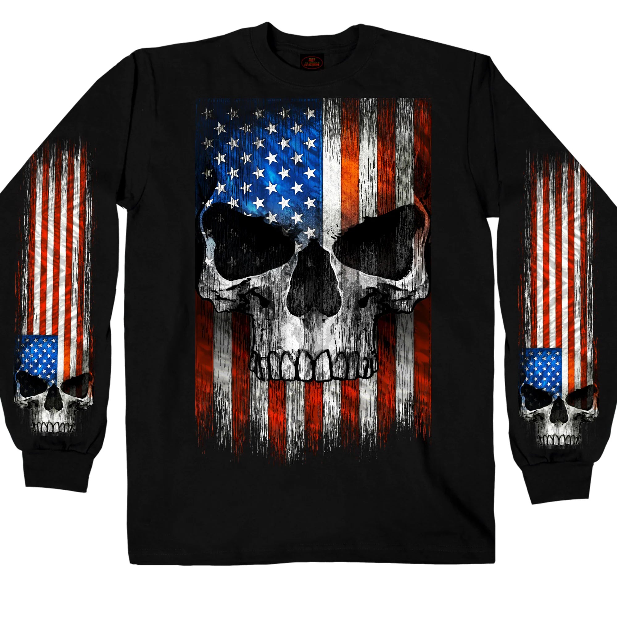 Men's Long Sleeve Patriot Skull Flag Black T-Shirt