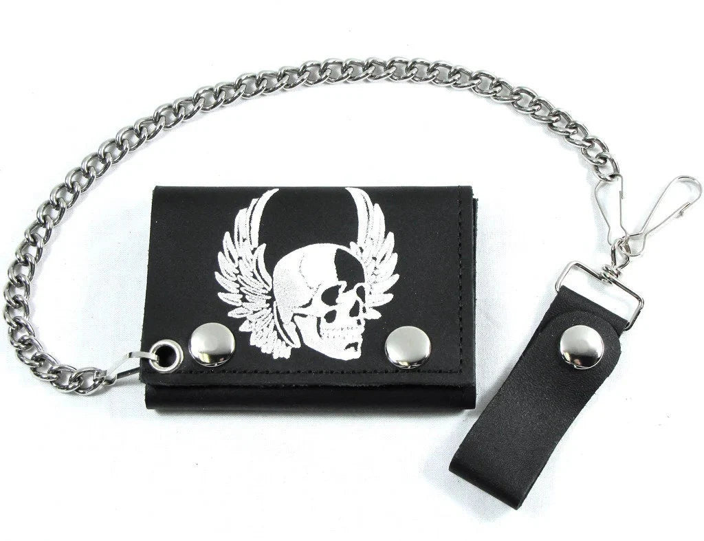 4" Biker Trifold White Skull Wings Chain Leather Wallet Made In USA -TC304-58W