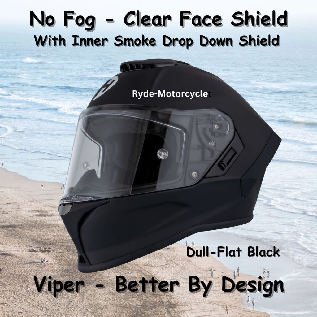 Daytona Viper Dull Flat Black DOT Full Face Motorcycle Helmet No Fog Face Shield - V1-B